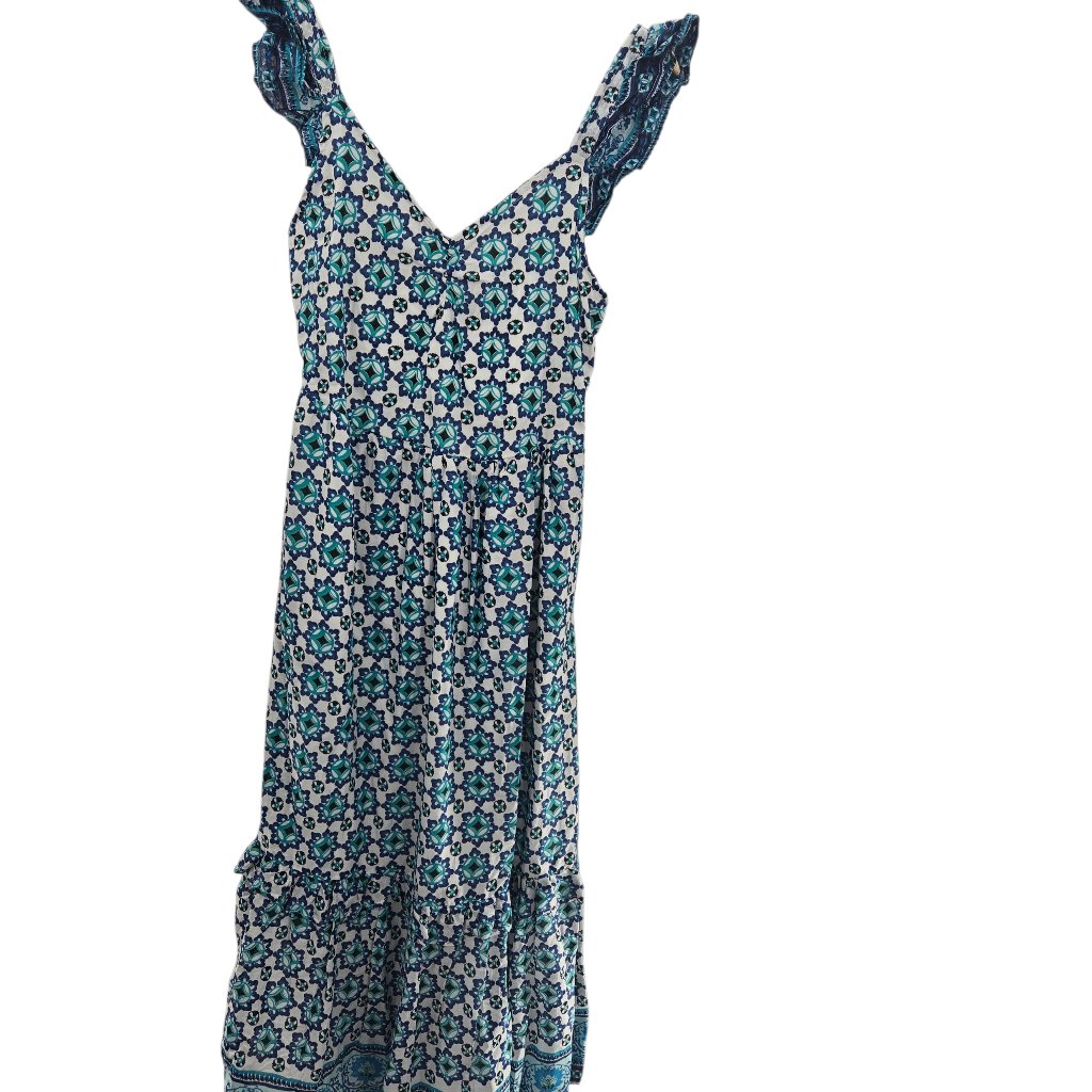 Lucky Brand White Blue Boho Geometric Ruffled Sleeved Maxi Dress Size Medium